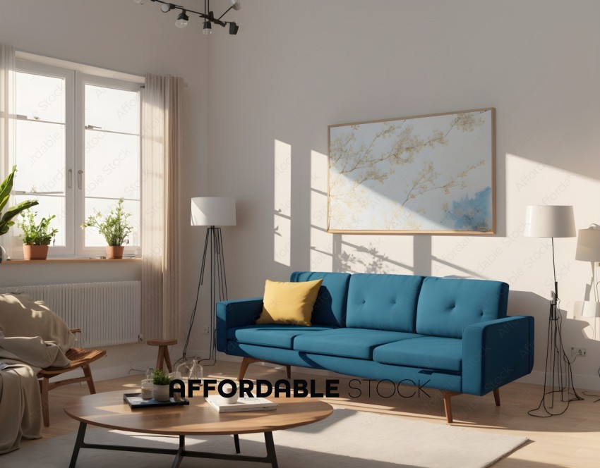 Modern Living Room Interior with Blue Sofa