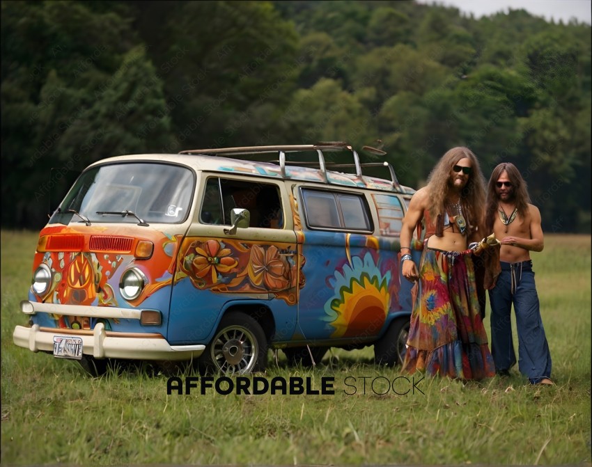 Vintage Hippie Van and People in Field