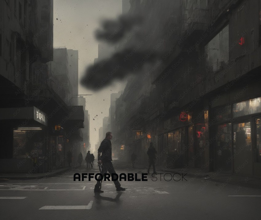 Mysterious Foggy City Street with Pedestrians