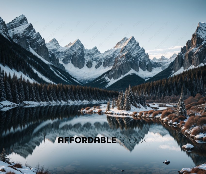 Serene Winter Mountain Landscape with Reflective Lake