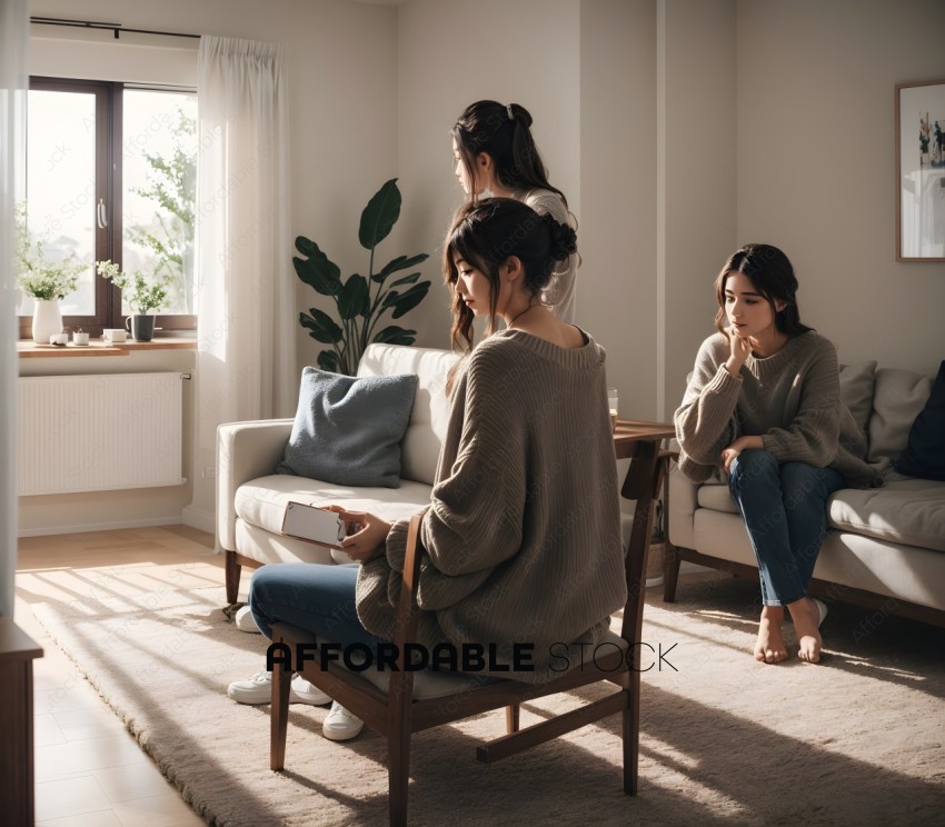 Three Women Relaxing in Sunlit Living Room