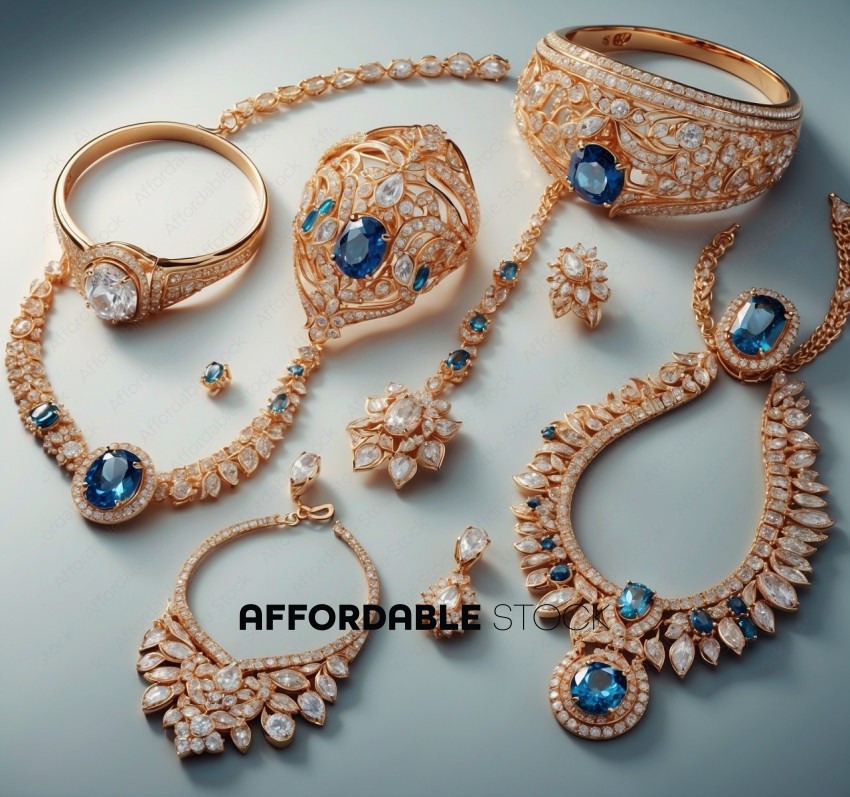 Elegant Gold Jewelry Set with Blue Gems