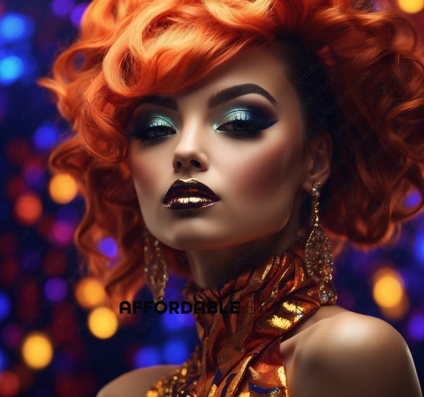 Fashionable Woman with Vibrant Red Hair and Bold Makeup
