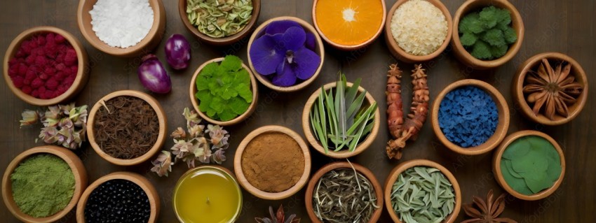 A variety of herbs and spices in wooden bowls