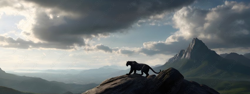 A black panther sits on a rock overlooking a valley