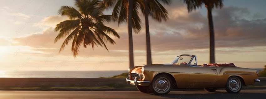 A vintage car driving down a road with palm trees in the background