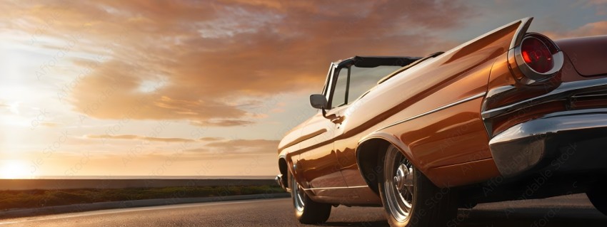 A vintage car with a sunset in the background