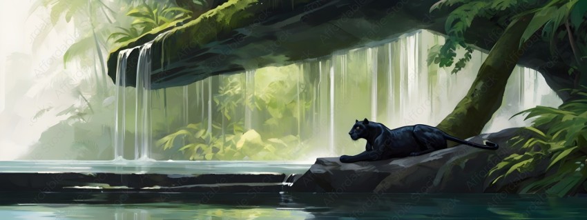 A black cat sitting on a rock in front of a waterfall
