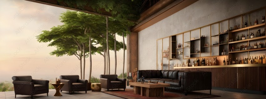 A black leather couch in a living room with a view of trees