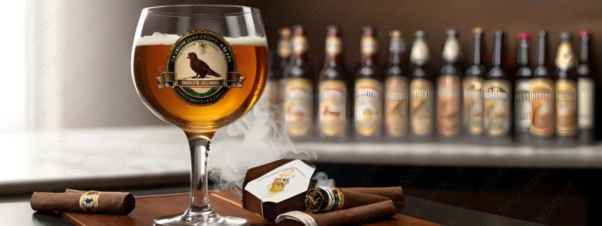 A cigar and a glass of beer on a table