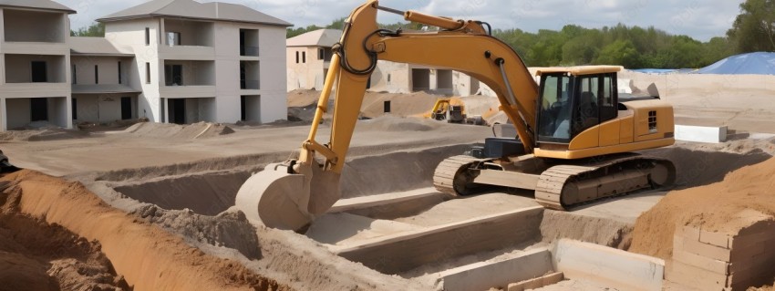 A large yellow construction vehicle digging in a dirt field