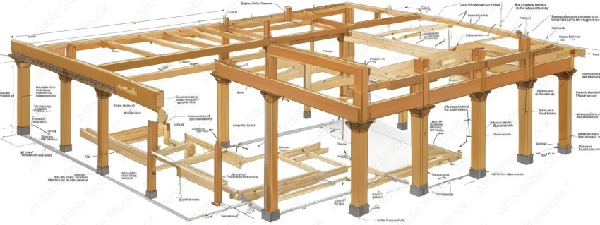 A detailed drawing of a wooden structure with various parts labeled