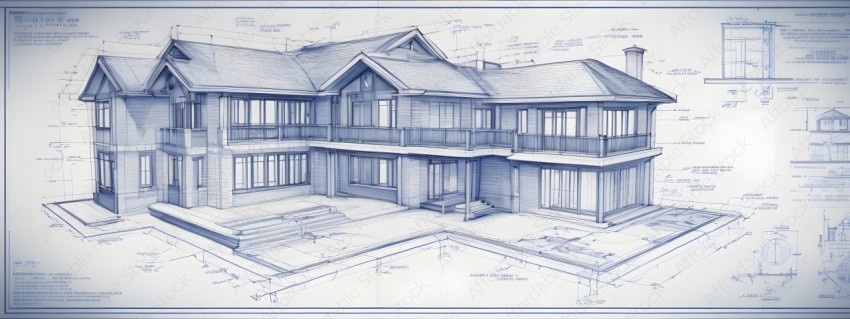 A blueprint of a house with a large porch