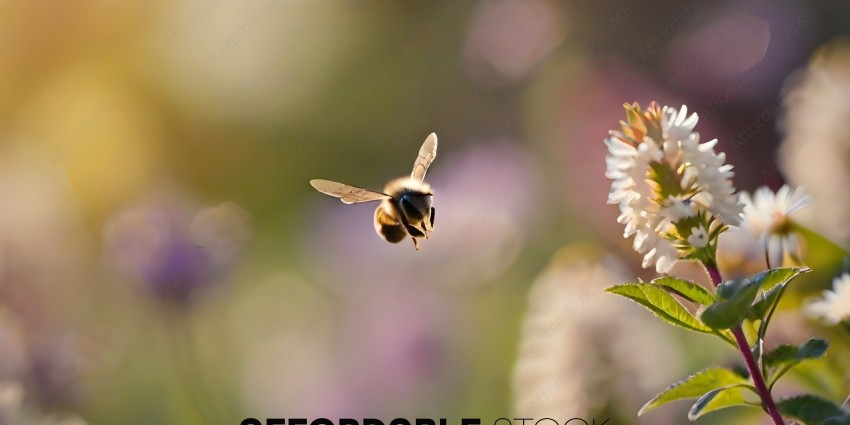 A bee is flying through the air with a flower in the background