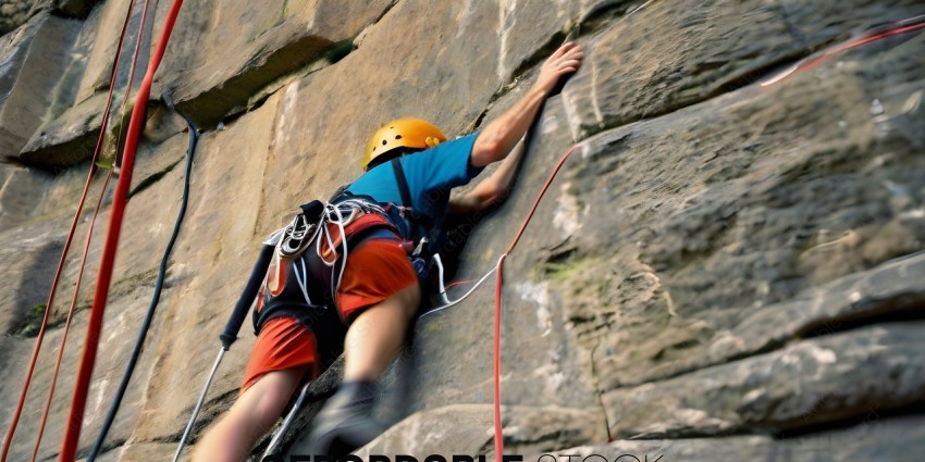 A rock climber wearing an orange helmet and red shorts