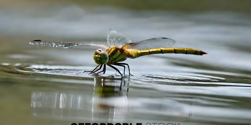 A dragonfly perched on the edge of a body of water