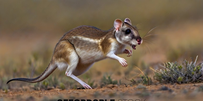 A small brown mouse is running on the ground