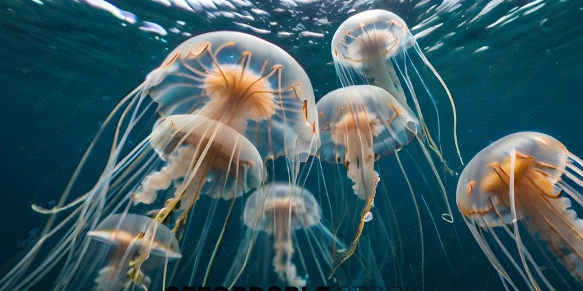 A group of jellyfish swimming in the ocean