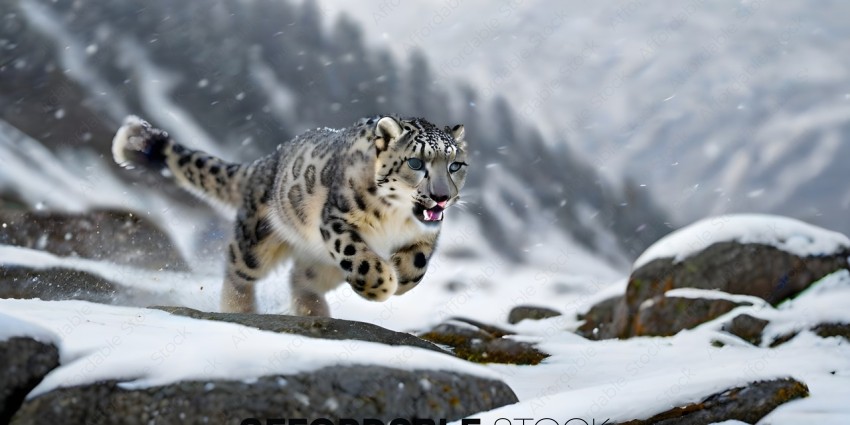 A snow leopard is running through the snow