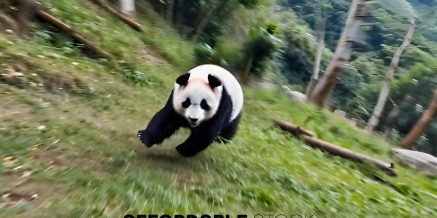 A black and white panda bear running through the grass