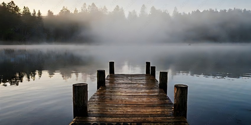 Wooden Dock with Misty Water and Trees in the Background