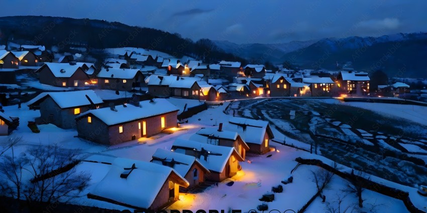 Snow-covered village at night