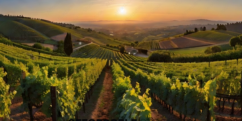 Vineyards at sunset with mountains in the background