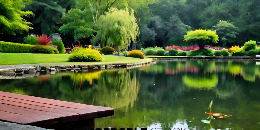 A serene pond with a wooden bench overlooking it
