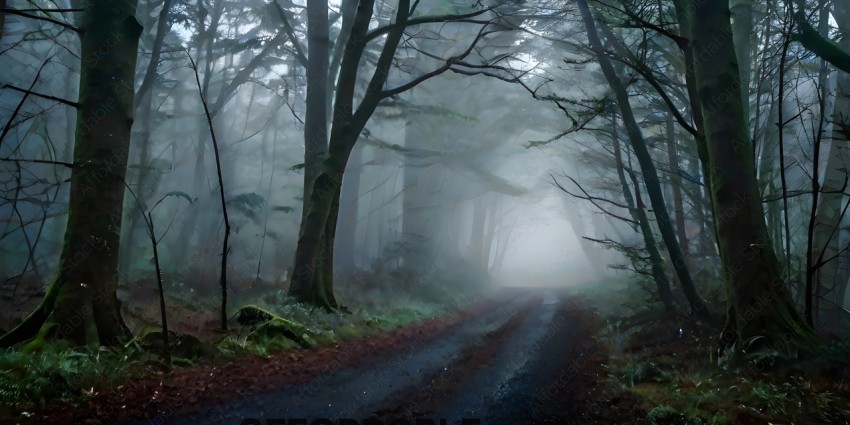 A foggy forest road with trees