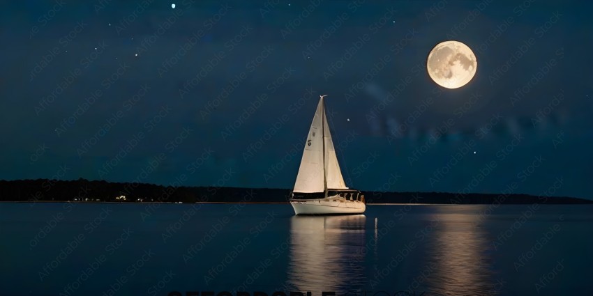 A sailboat sails at night with a full moon in the sky