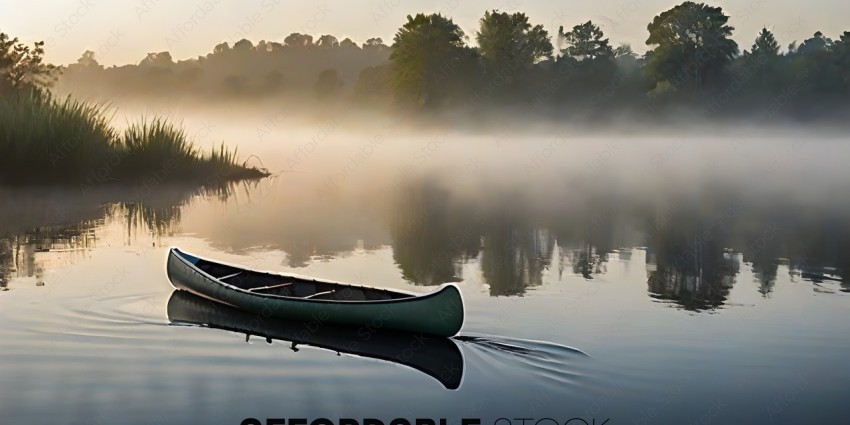 A canoe sits in the misty water