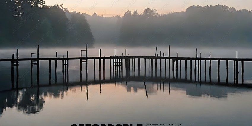 A foggy evening on a lake with a dock