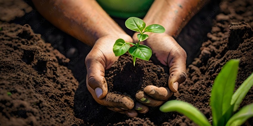 A person's hands holding a plant in the dirt
