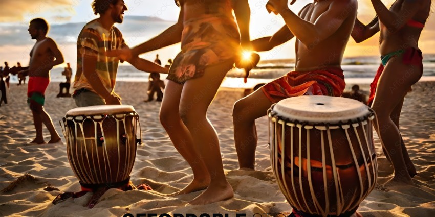 A group of people playing drums on the beach