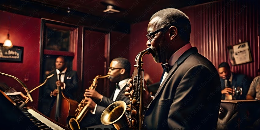 A Jazz Band Playing in a Red Room