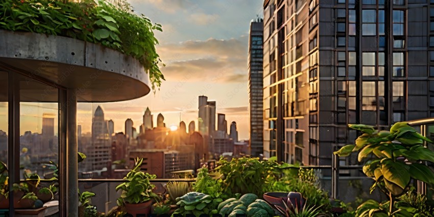 A view of a city from a rooftop with plants