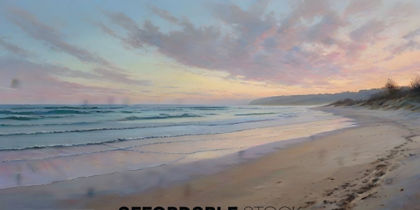 A beautiful painting of a beach at sunset