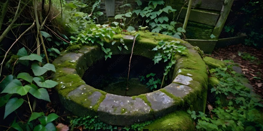 A mossy stone basin with a tree branch in it