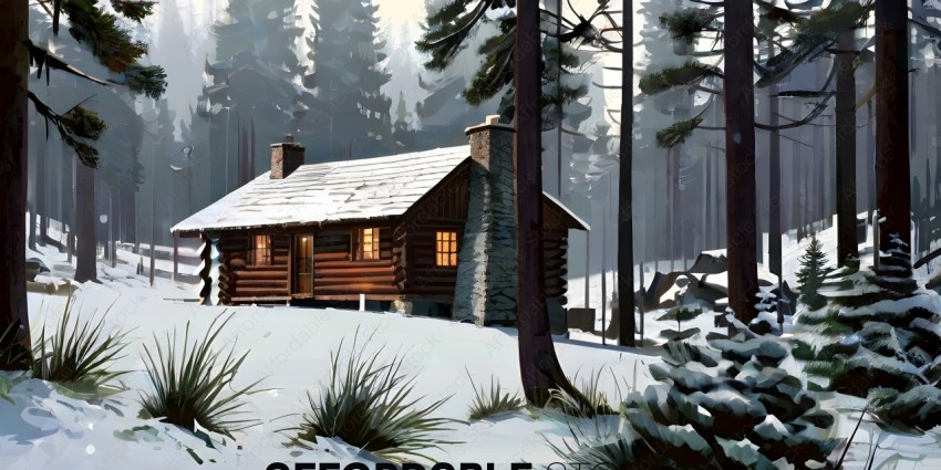 A snowy scene of a log cabin with a chimney