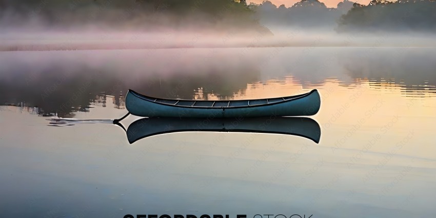 A blue canoe on a foggy lake