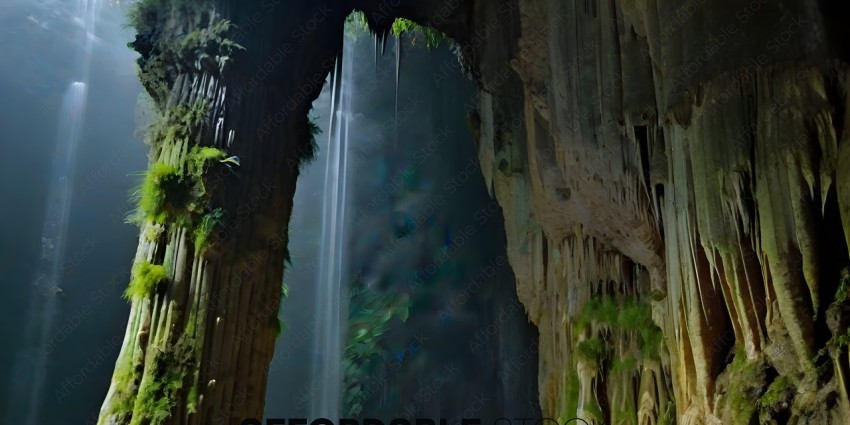 A waterfall in a cave with a green plant