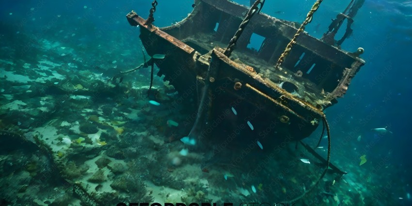 A rusted shipwreck sits on the ocean floor