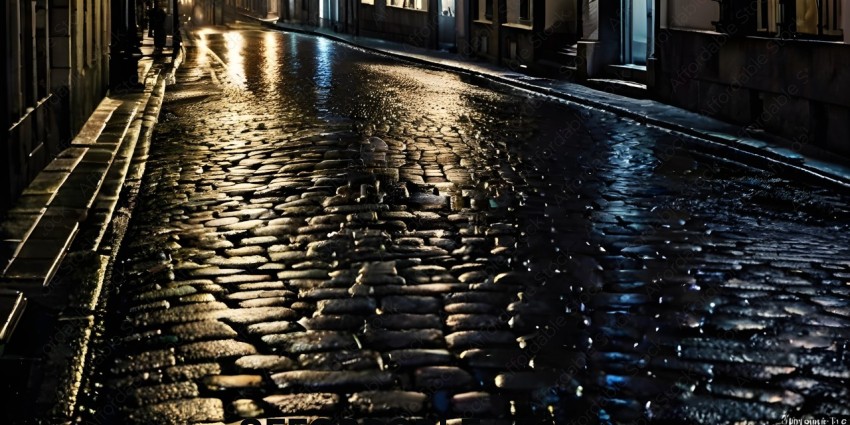 A Rainy Night on Cobblestone Street