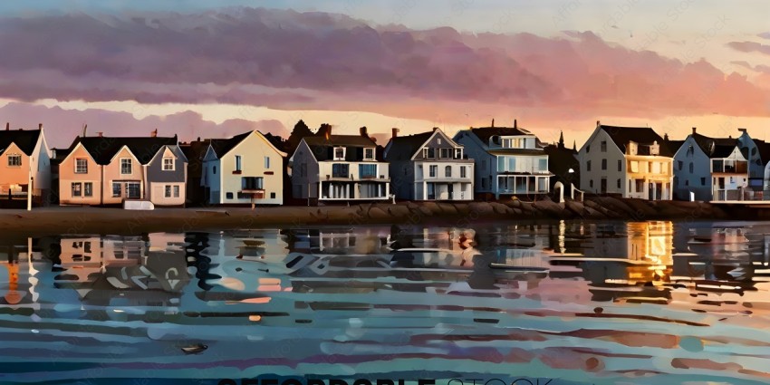 A painting of houses on the beach at sunset