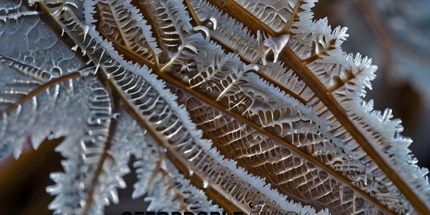 A close up of a leaf with ice crystals on it