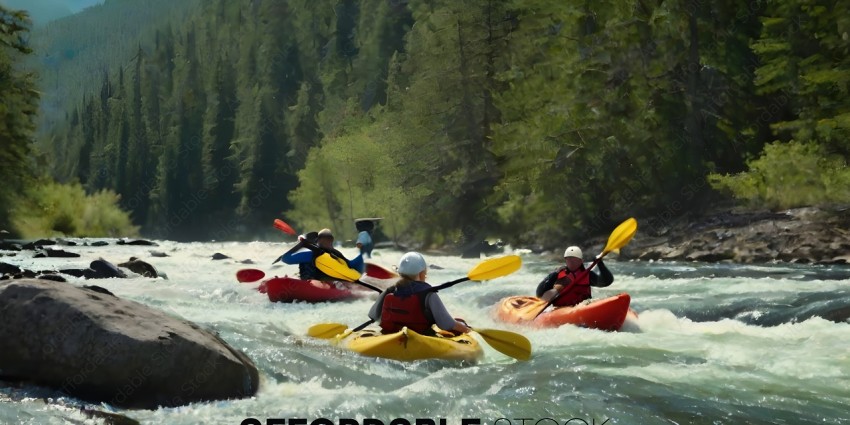 A group of people in kayaks on a river