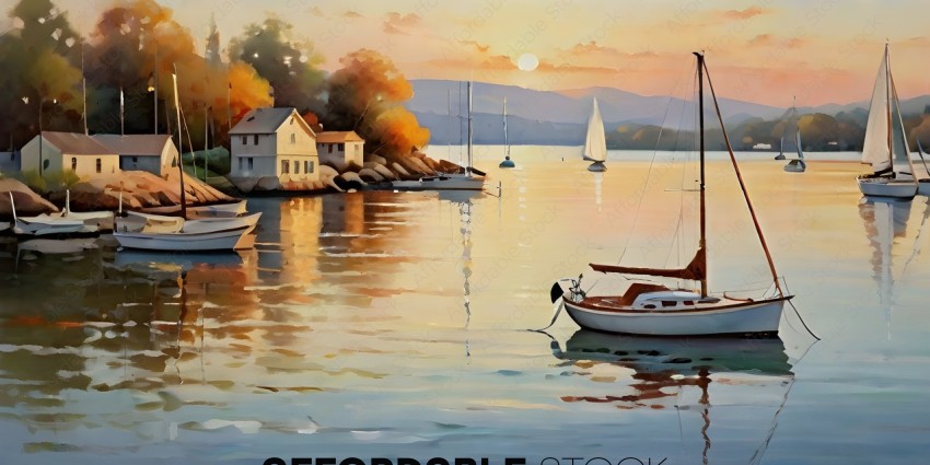 A painting of a harbor with a boat and a house