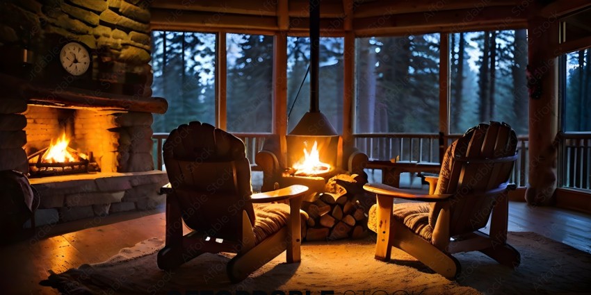 A cozy cabin with a fireplace and two chairs