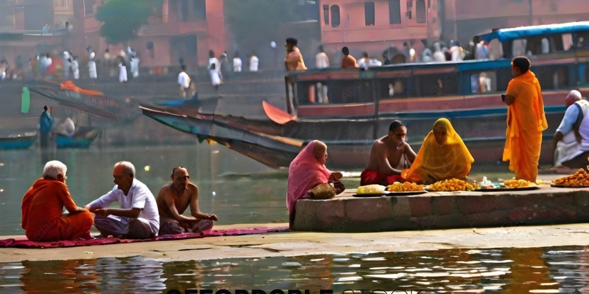People sitting on a dock with boats in the background