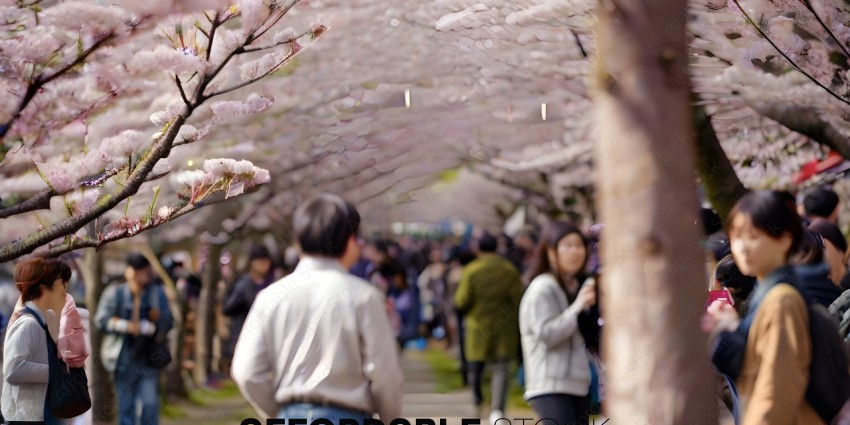People walking under cherry blossoms